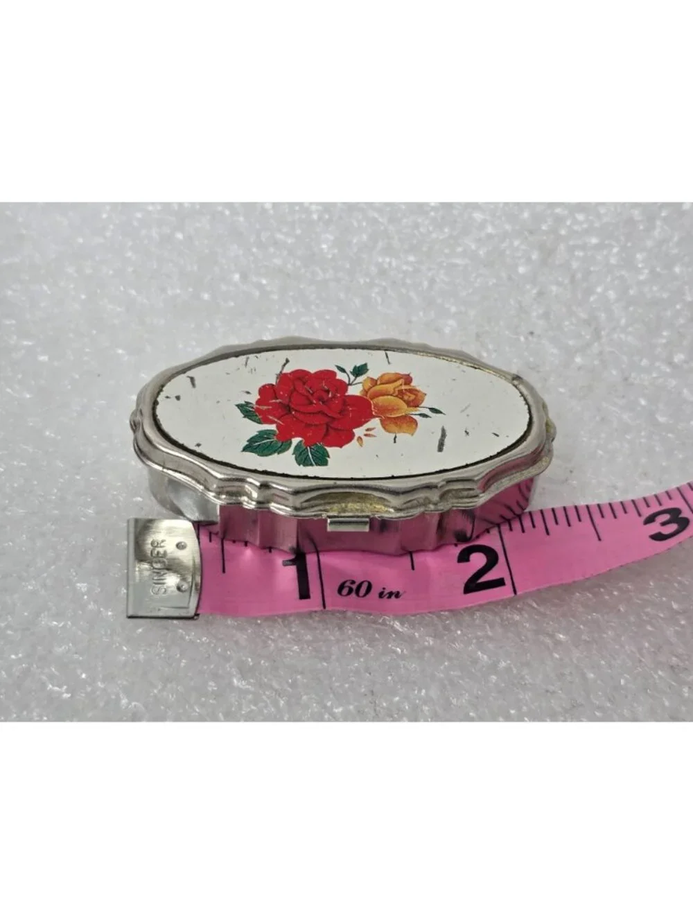 Vintage Oval Metal Pill Box Floral Design Lid Hinged Closure Compact Rose Motif